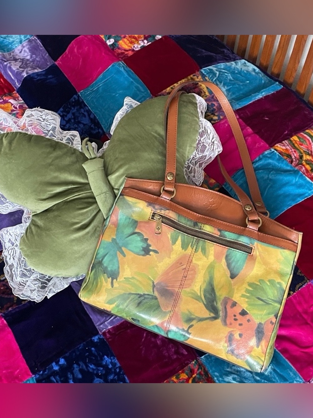 Patricia Nash Brown Leather shoulder bag  with a beautiful watercolor butterfly